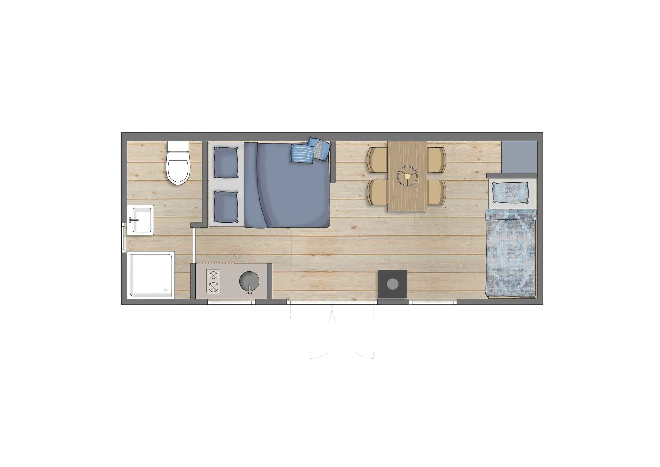 Polderlodge 4 personen binnenkant plattegrond