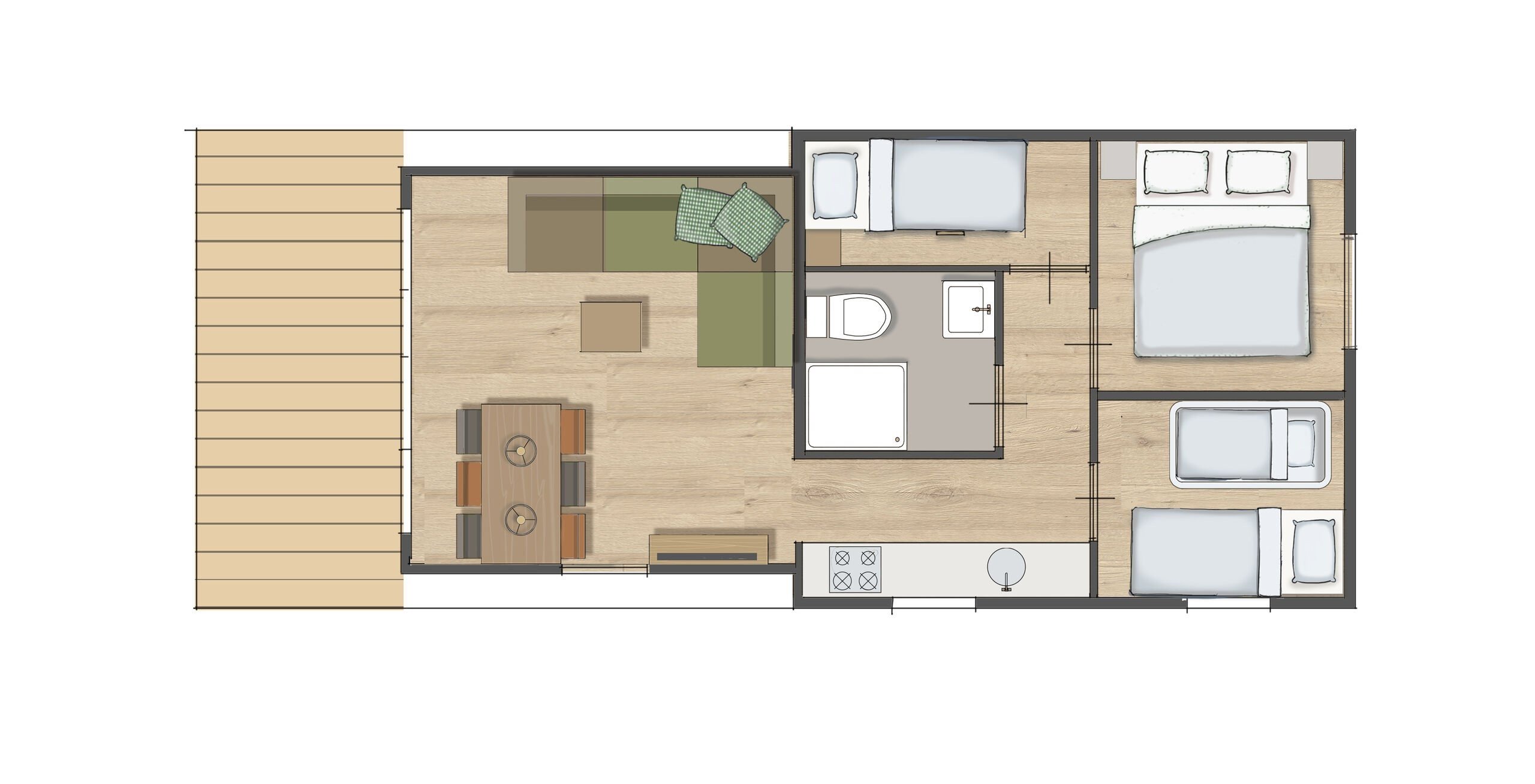 Plattegrond stip de pony lodge 5 personen met babybed